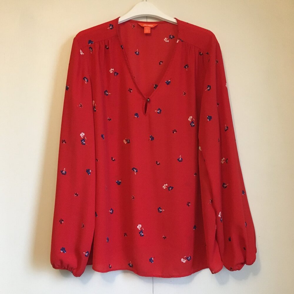 Joe Fresh Poppy Red Sheer Floral Blouse Peasant Sleeve V-Neck XL - Picture 1 of 16